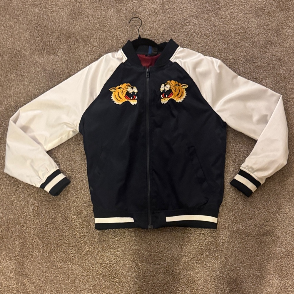 H&M Blue and White Tiger Embroidered Bomber Jacket